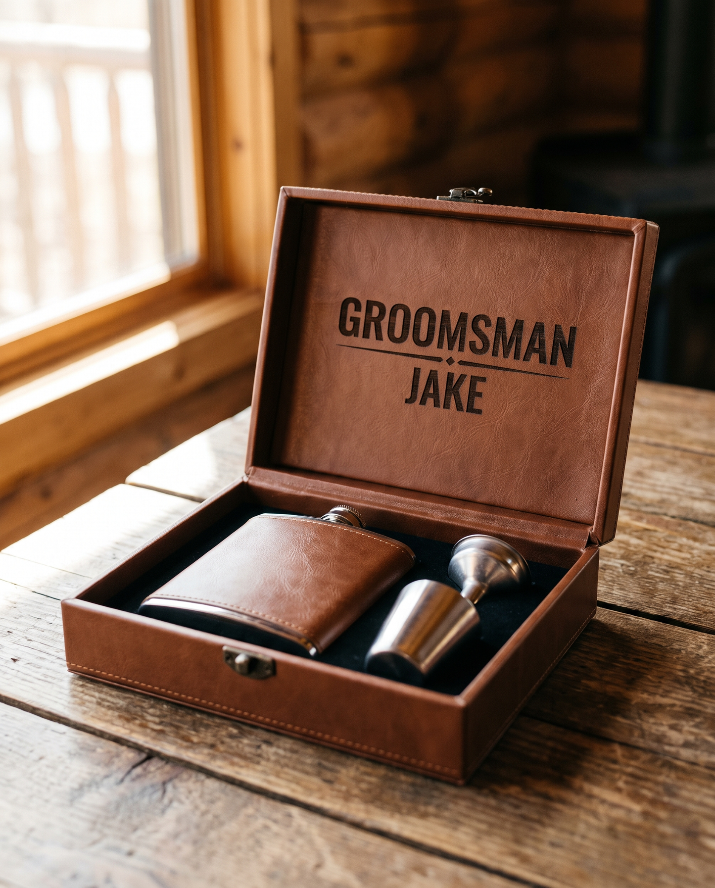 Leatherette Flask Gift Box Set - laser engraved by Little Lab Co., Watertown NY