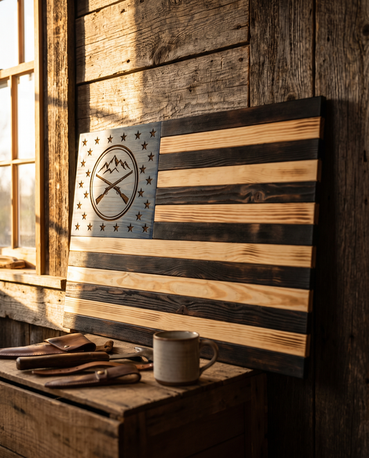 Custom Engraved Wooden American Flag - laser engraved by Little Lab Co., Watertown NY
