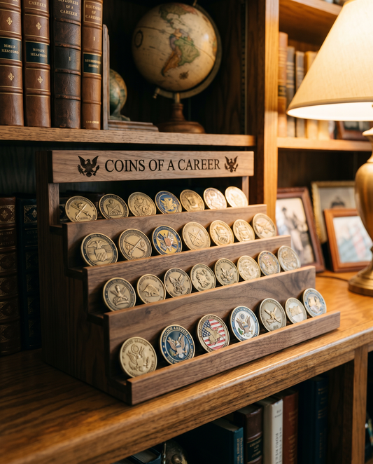 Challenge Coin Display Rack — Engraved - laser engraved by Little Lab Co., Watertown NY